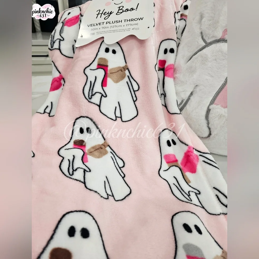 Viral Hey Boo Pink Plush Ghost Blanket And Pillow Stanley Tumbler And Crossbody